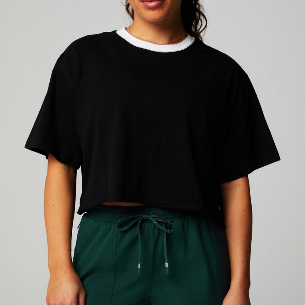 Fabletics Cotton Slub Cropped Tee | Black/White | XL
